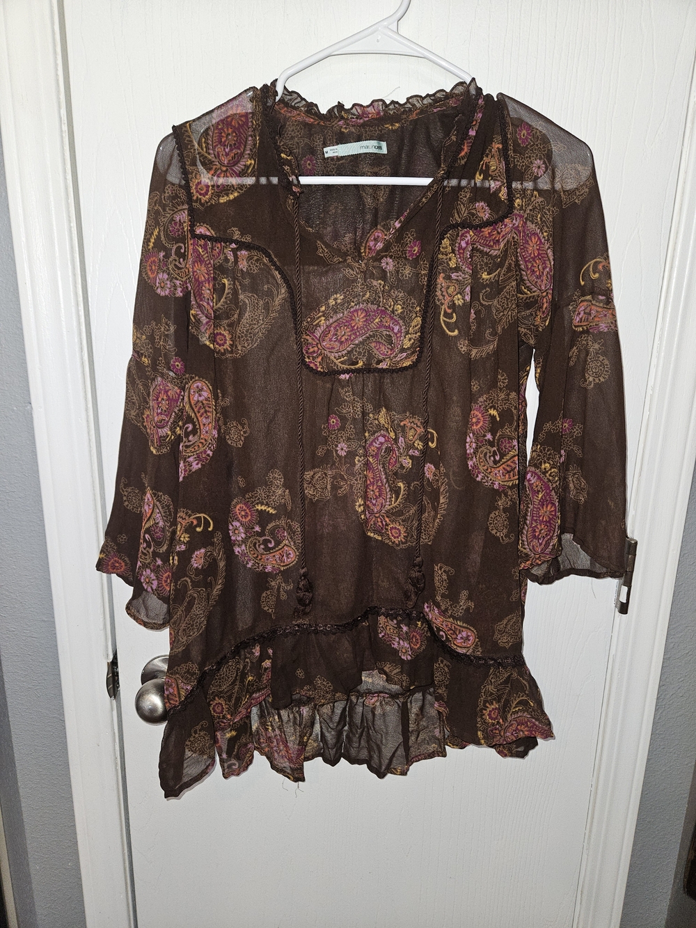 Sheer Brown Paisley Peasant Top with Pink Accents